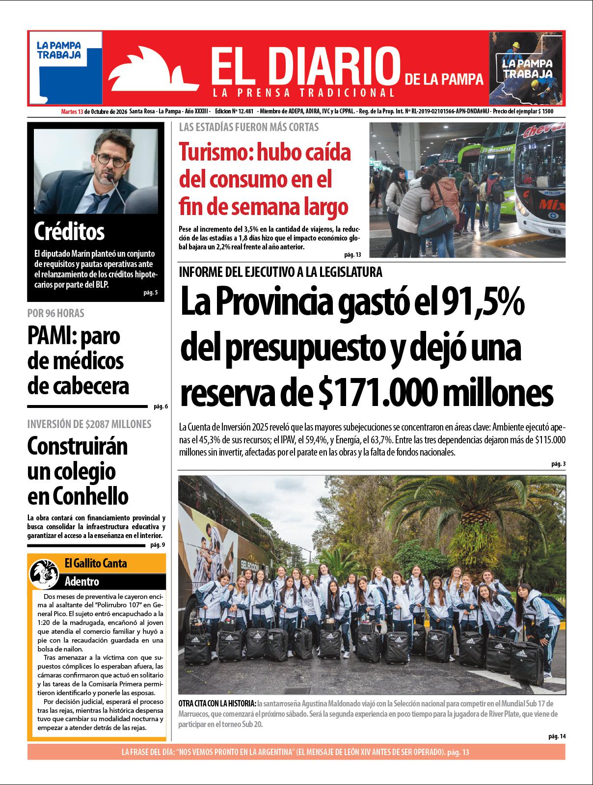 Tapa de El Diario en papel  martes 13 de octubre de 2026
